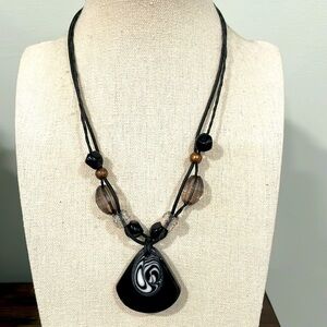 Vintagege beaded black and white swirl pendant double strand necklace